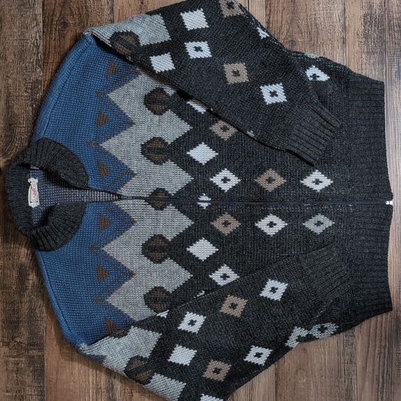 Lazarus Vintage 80's Wool Blend Geometric Full Zip Old Man Sweater Size Large - Picture 1 of 7